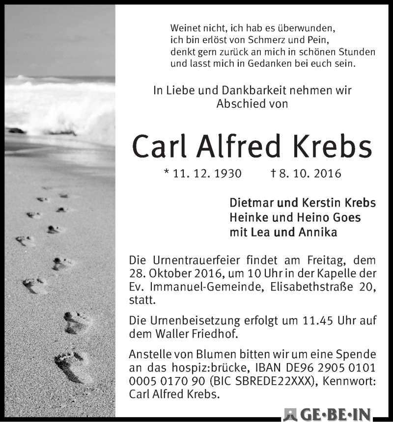 Traueranzeige von Carl Alfred Krebs von WESER-KURIER
