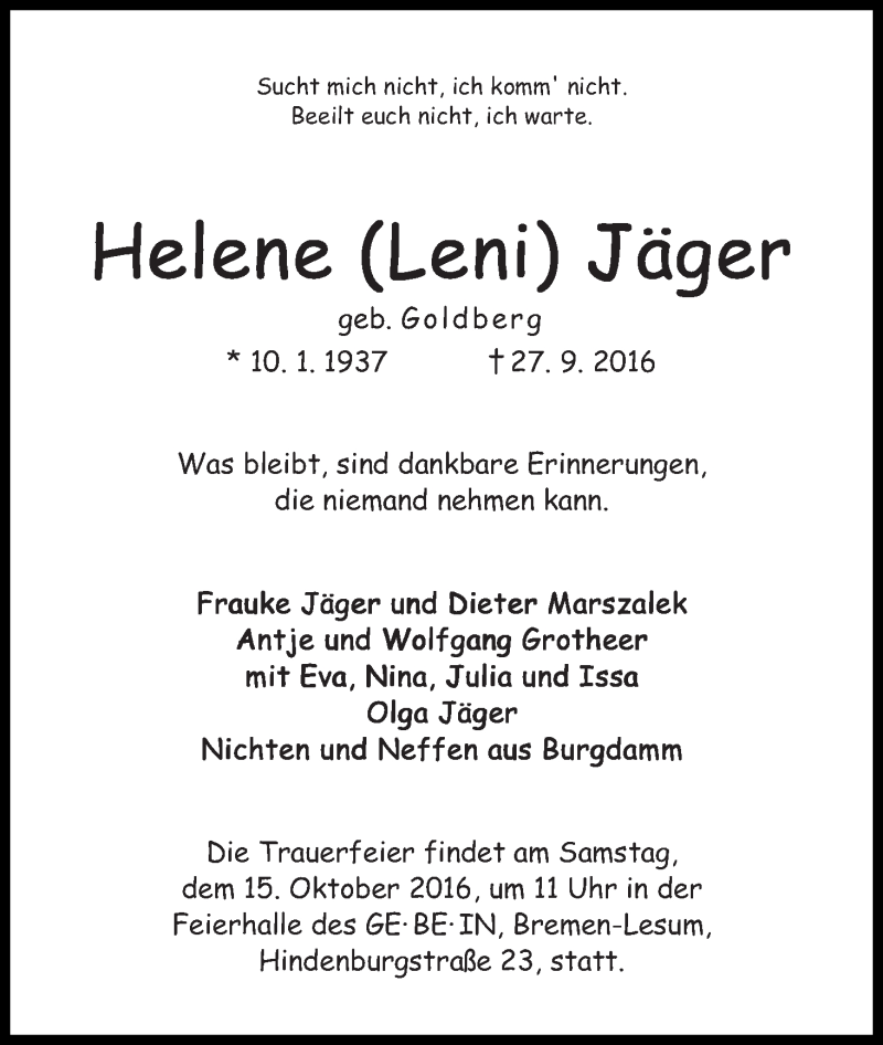 Traueranzeige von Helene (Leni) Jäger von WESER-KURIER