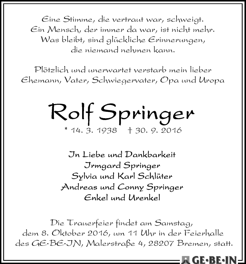 Traueranzeige von Rolf Springer von WESER-KURIER