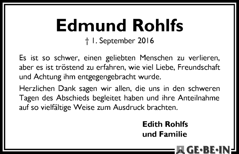 Traueranzeige von Edmund Rohlfs von WESER-KURIER