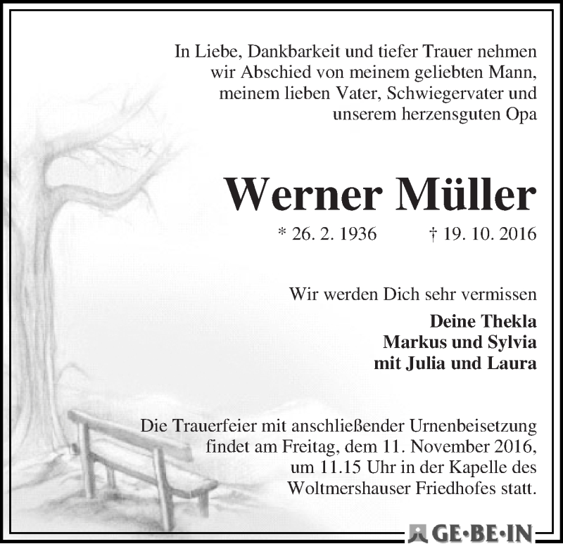 Traueranzeige von Werner Müller von WESER-KURIER