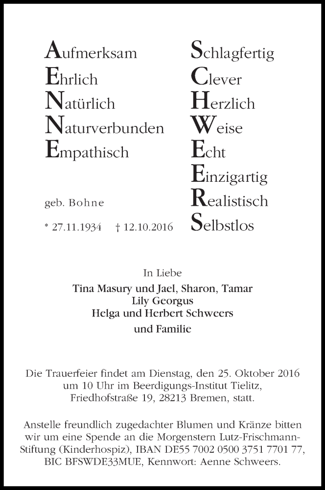 Traueranzeige von Aenne Schweers von WESER-KURIER