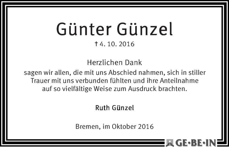 Traueranzeige von Günter Günzel von WESER-KURIER