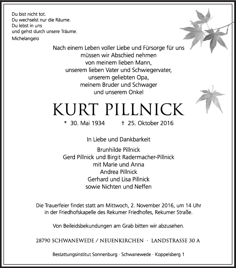 Traueranzeige von Kurt Pillnick von Die Norddeutsche