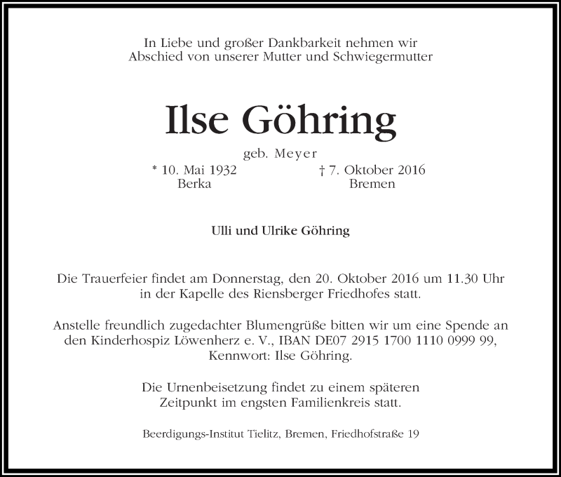 Traueranzeige von Ilse Göhring von WESER-KURIER