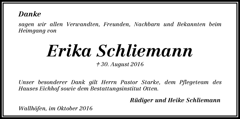 Traueranzeige von Erika Schliemann von Osterholzer Kreisblatt
