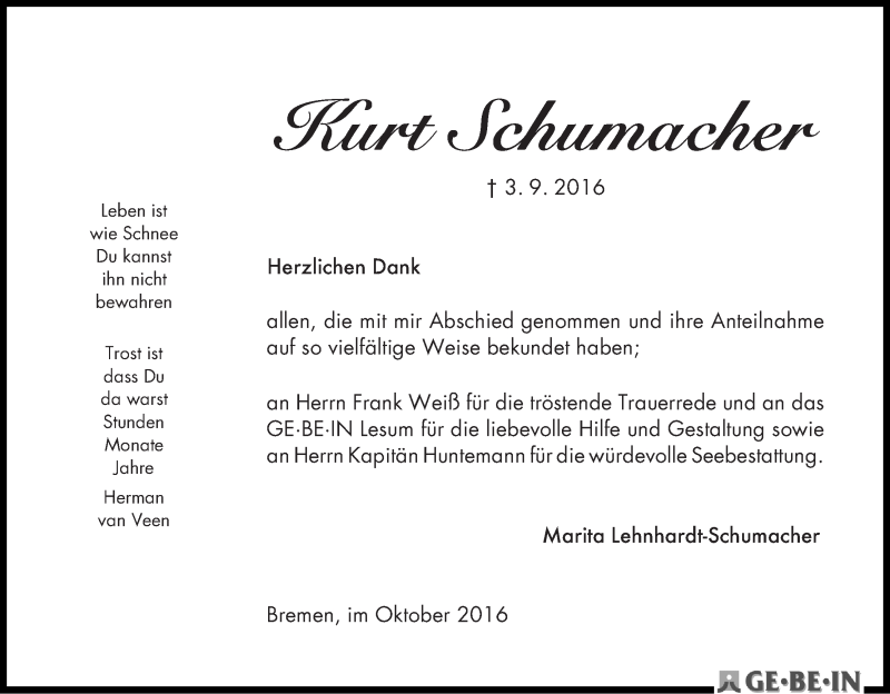 Traueranzeige von Kurt Schumacher von WESER-KURIER