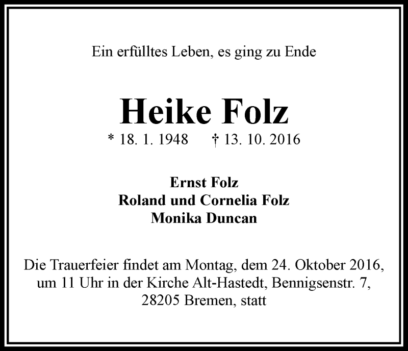 Traueranzeige von Heike Folz von WESER-KURIER