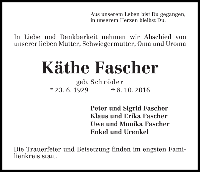 Traueranzeige von Käthe Fascher von Die Norddeutsche