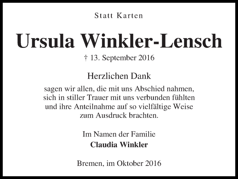 Traueranzeige von Ursula Winkler-Lensch von WESER-KURIER