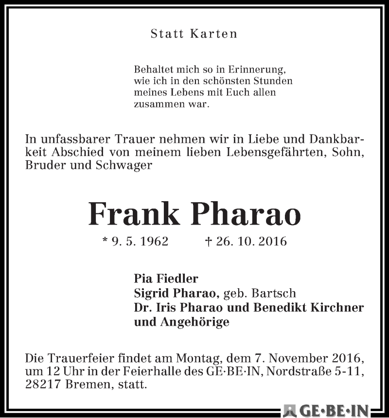 Traueranzeige von Frank Pharao von WESER-KURIER