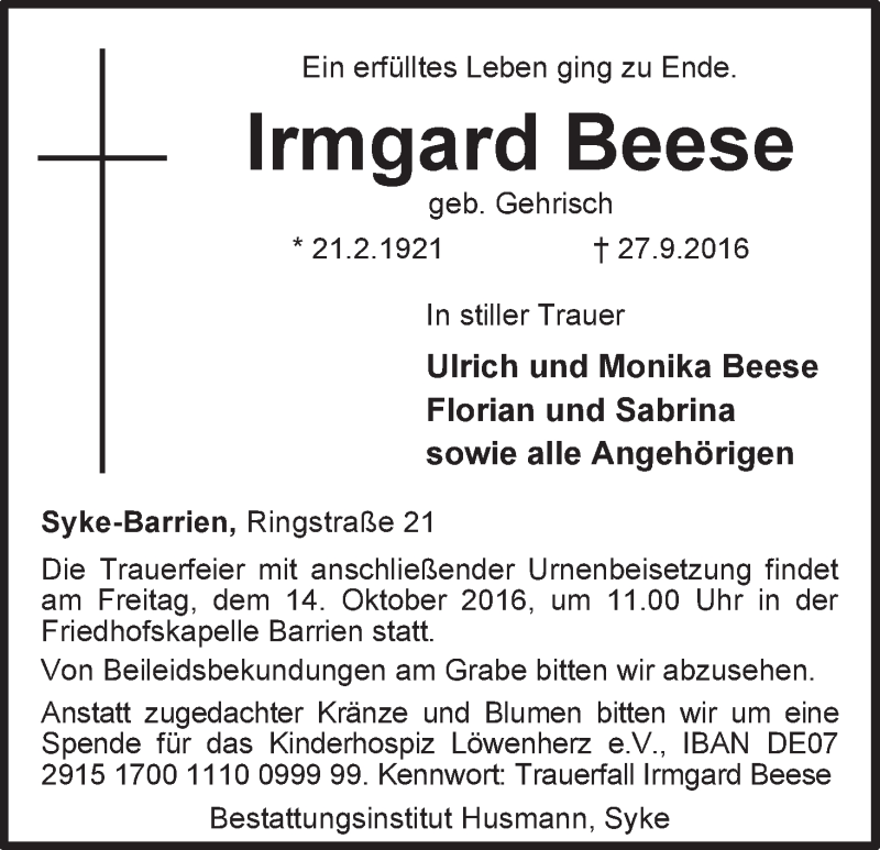 Traueranzeige von Irmgard Beese von WESER-KURIER