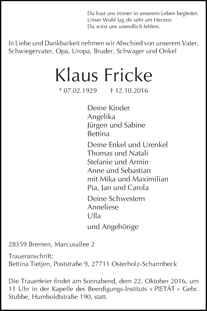 Traueranzeige von Klaus Fricke von WESER-KURIER