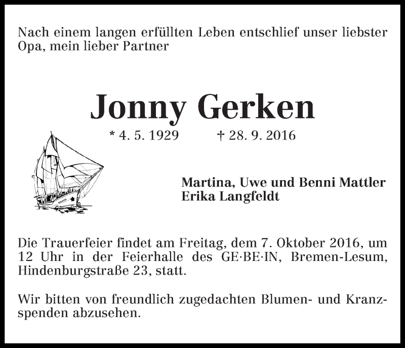 Traueranzeige von Jonny Gerken von WESER-KURIER