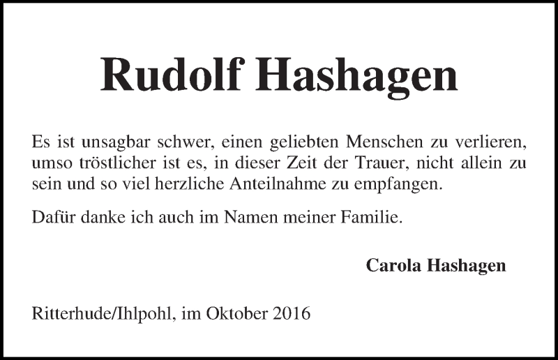  Traueranzeige für Rudolf Hashagen vom 19.10.2016 aus Die Norddeutsche
