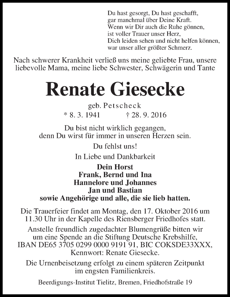 Traueranzeige von Renate Giesecke von WESER-KURIER
