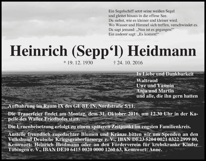 Traueranzeige von Heinrich (Seppl) Heidmann von WESER-KURIER
