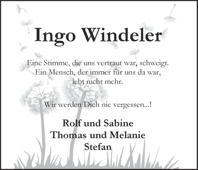  Traueranzeige für Ingo Windeler vom 21.10.2016 aus Wuemme Zeitung