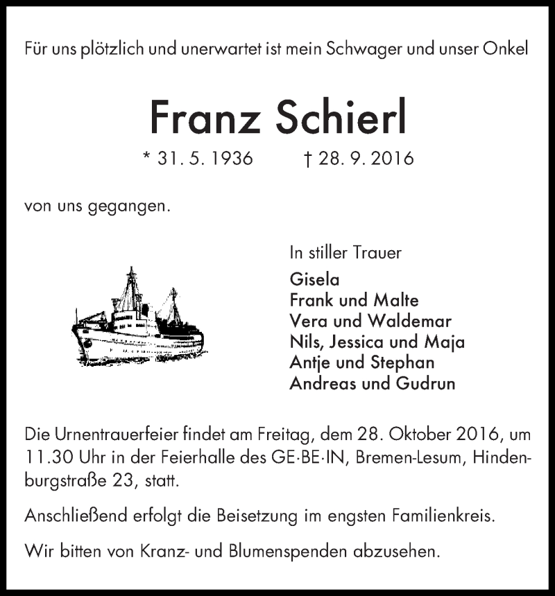 Traueranzeige von Franz Schierl von WESER-KURIER