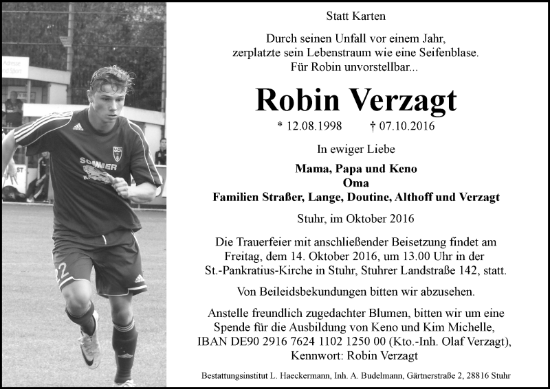  Traueranzeige für Robin Verzagt vom 12.10.2016 aus WESER-KURIER