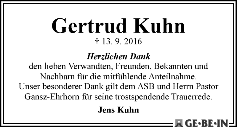Traueranzeige von Gertrud Kuhn von WESER-KURIER