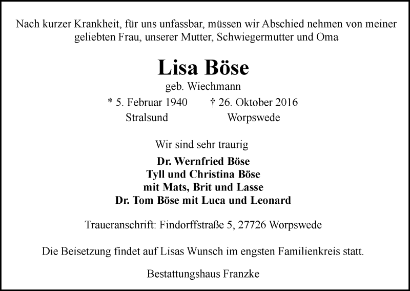 Traueranzeige von Lisa Böse von Wuemme Zeitung