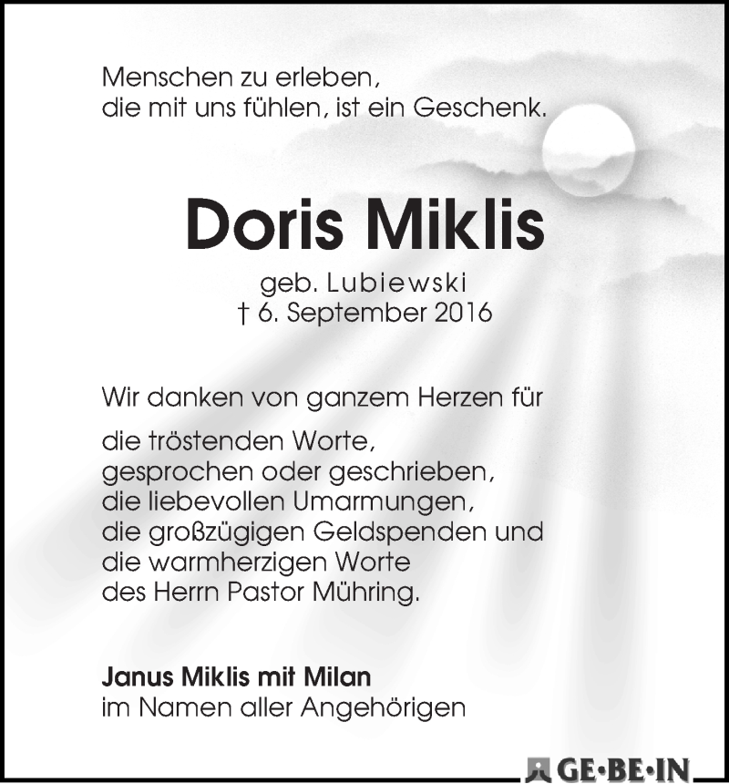 Traueranzeige von Doris Miklis von WESER-KURIER