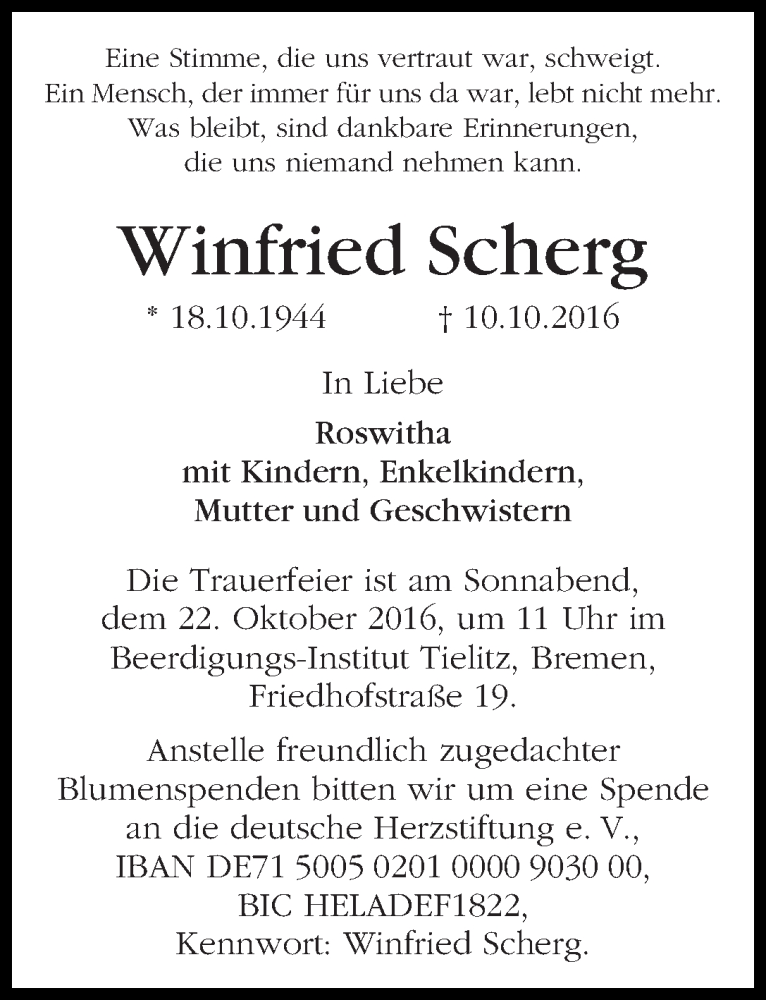Traueranzeige von Winfried Scherg von WESER-KURIER