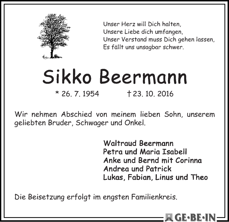  Traueranzeige für Sikko Beermann vom 29.10.2016 aus WESER-KURIER