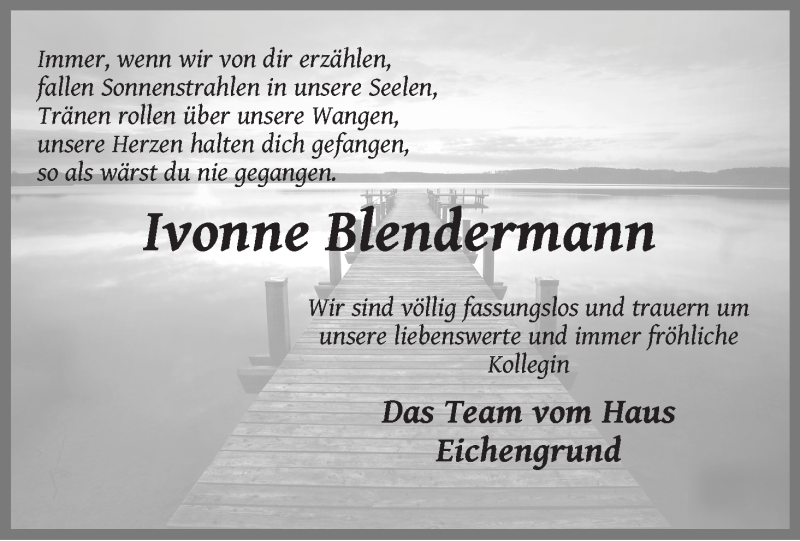 Traueranzeige für Ivonne Blendermann vom 01.10.2016 aus Wuemme Zeitung