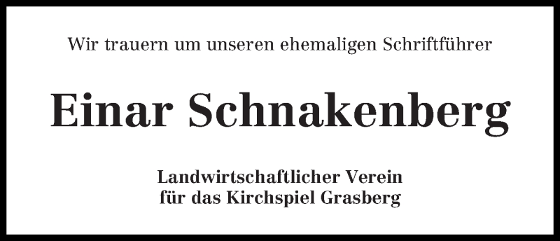 Traueranzeige von Einar Schnakenberg von Wuemme Zeitung