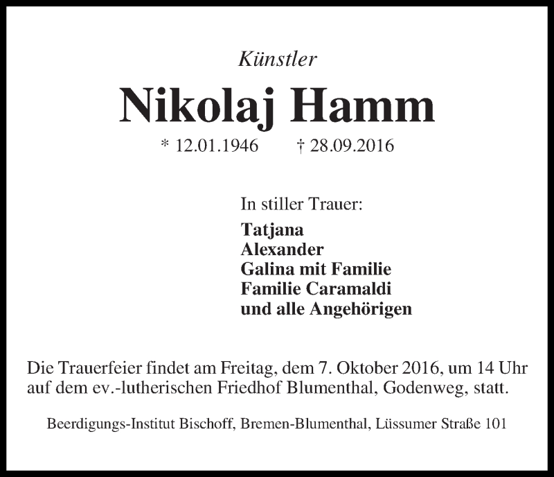 Traueranzeige von Nikolaj Hamm von Die Norddeutsche