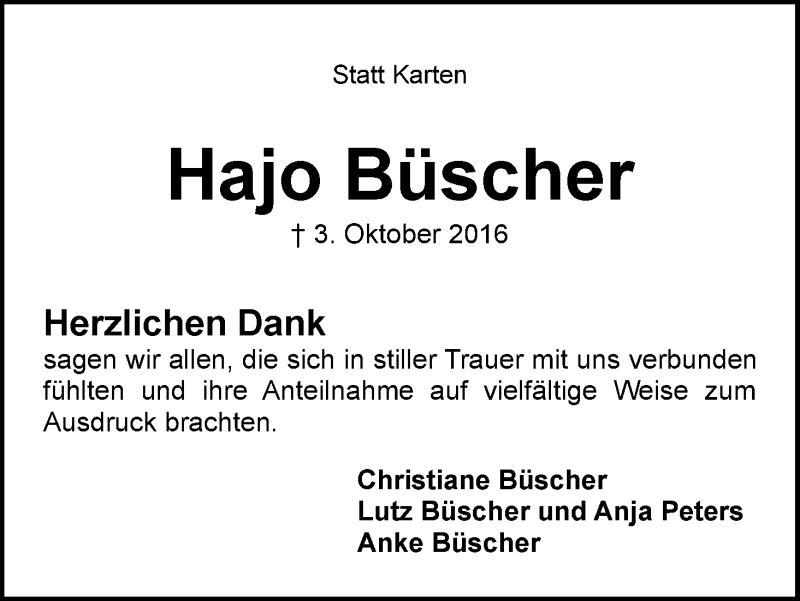 Traueranzeige von Hajo Büscher von WESER-KURIER