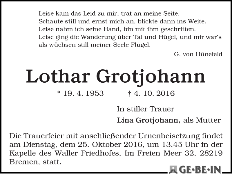 Traueranzeige von Lothar Grotjohann von WESER-KURIER