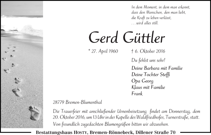  Traueranzeige für Gerd Güttler vom 15.10.2016 aus Die Norddeutsche