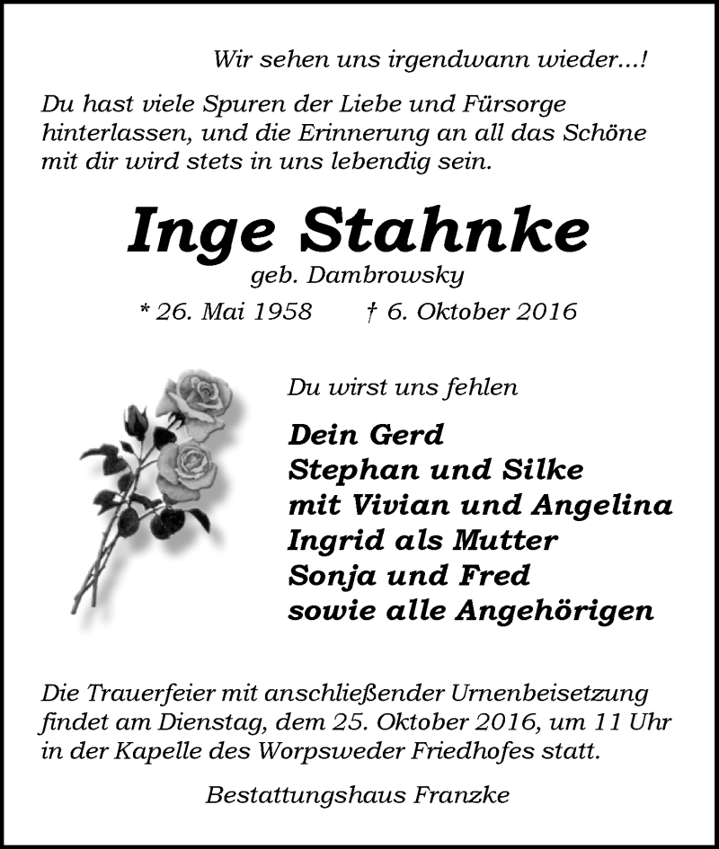 Traueranzeige von Inge Stahnke von Wuemme Zeitung