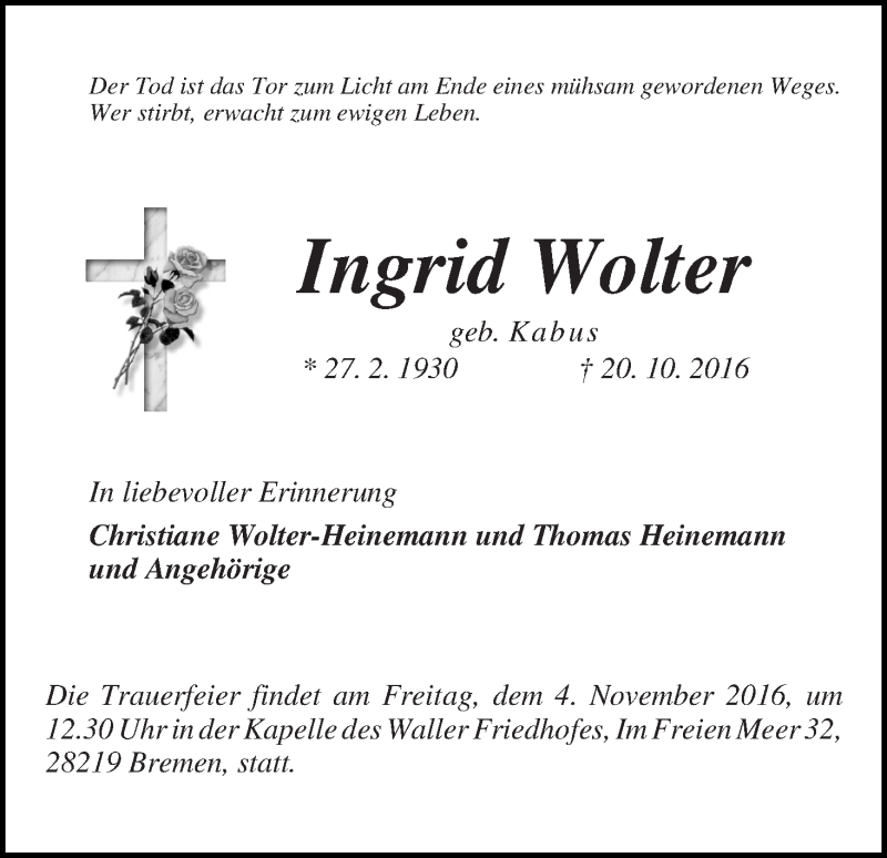 Traueranzeige von Ingrid Wolter von WESER-KURIER