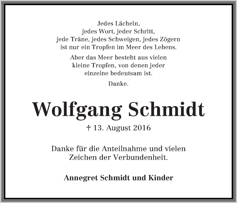 Traueranzeige von Wolfgang Schmidt von Die Norddeutsche
