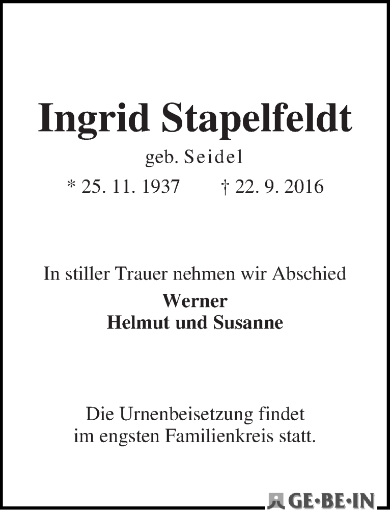 Traueranzeige von Ingrid Stapelfeldt von WESER-KURIER
