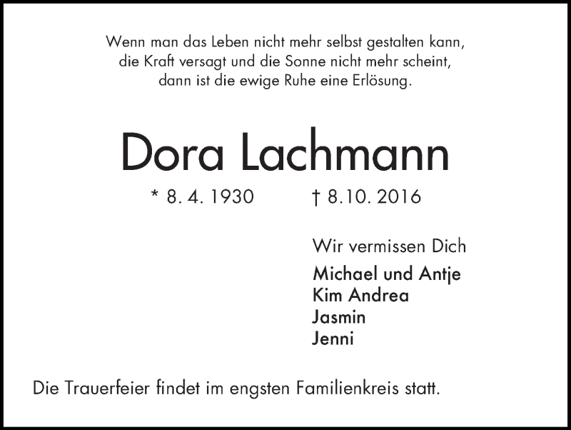 Traueranzeige von Dora Lachmann von Achimer Kurier/Verdener Nachrichten