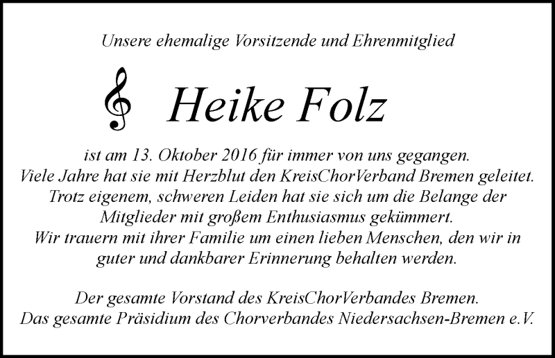 Traueranzeige von Heike Folz von WESER-KURIER