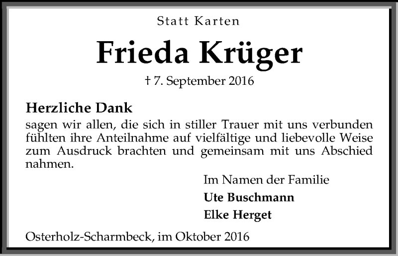 Traueranzeige von Frieda Krüger von Osterholzer Kreisblatt