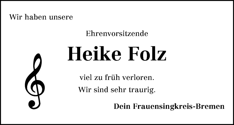 Traueranzeige von Heike Folz von WESER-KURIER