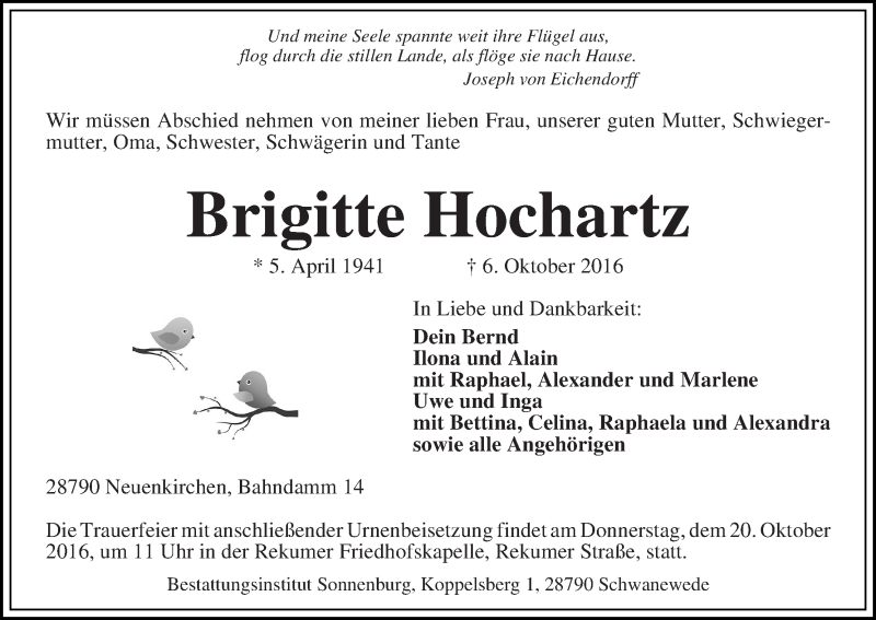 Traueranzeige von Brigitte Hochartz von Die Norddeutsche