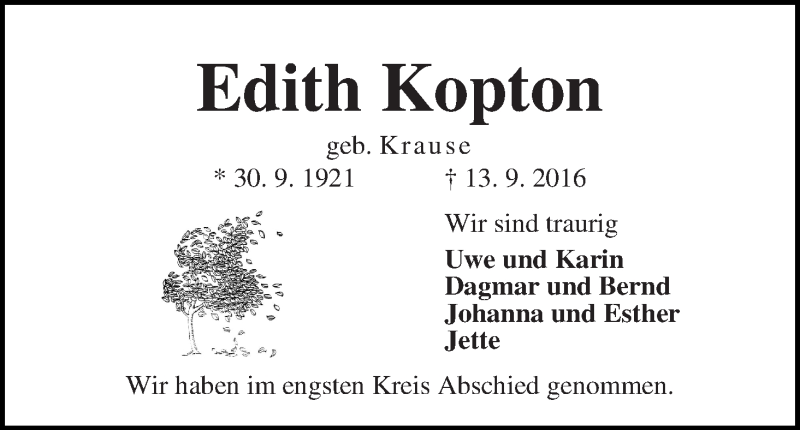 Traueranzeige von Edith Kopton von Die Norddeutsche