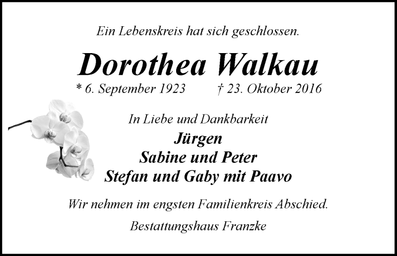 Traueranzeige von Dorothea Walkau von Wuemme Zeitung