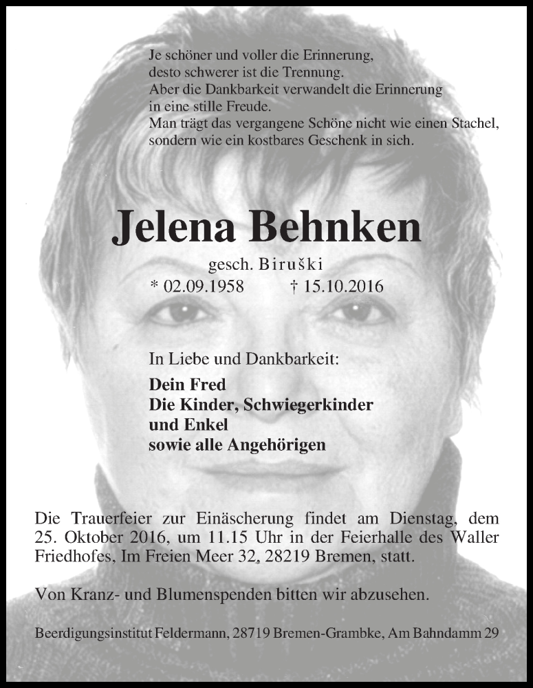  Traueranzeige für Jelena Behnken vom 19.10.2016 aus WESER-KURIER