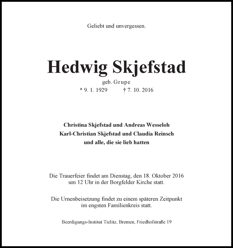 Traueranzeige von Hedwig Skjefstad von WESER-KURIER