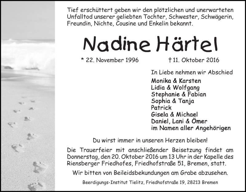  Traueranzeige für Nadine Härtel vom 19.10.2016 aus WESER-KURIER