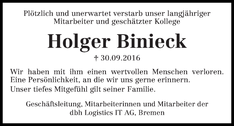 Traueranzeige von Holger Binieck von WESER-KURIER